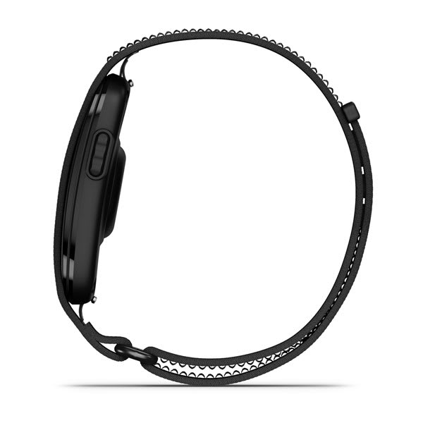 GARMIN CIRQA Smart Band schwarz im Seitenprofil mit der einzelnen Bedientaste am Sensormodul