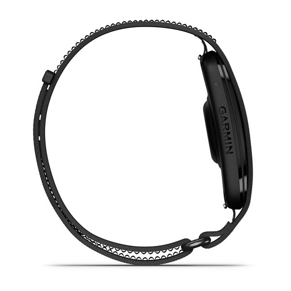 GARMIN CIRQA Smart Band schwarz im Seitenprofil, Sensormodul mit GARMIN-Schriftzug am geschlossenen Armbandring