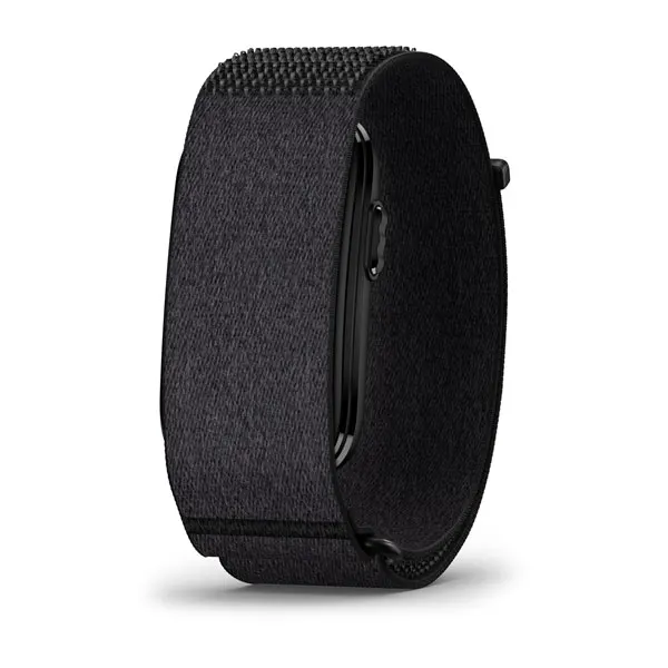 GARMIN CIRQA Smart Band L-XL in Schwarz, Nylonarmband mit eingesetztem Sensormodul, schräge Frontansicht