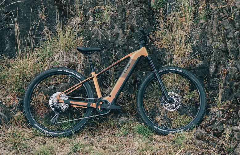 CUBE Reaction Hybrid SLX 800 2027 in autumn´n´black, angelehnt an eine Felswand mit trockenem Gras, kupferfarbener Rahmen mit schwarzem Unterrohr, starrer Hinterbau, Federgabel vorn, Schwalbe Smart Sam Reifen.