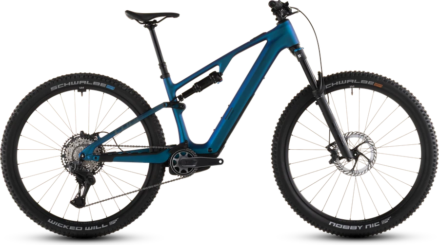 CUBE AMS Hybrid ONE44 C:68X SLX 2026 in nebula´n´black, freigestelltes E-Mountainbike in der Seitenansicht von rechts