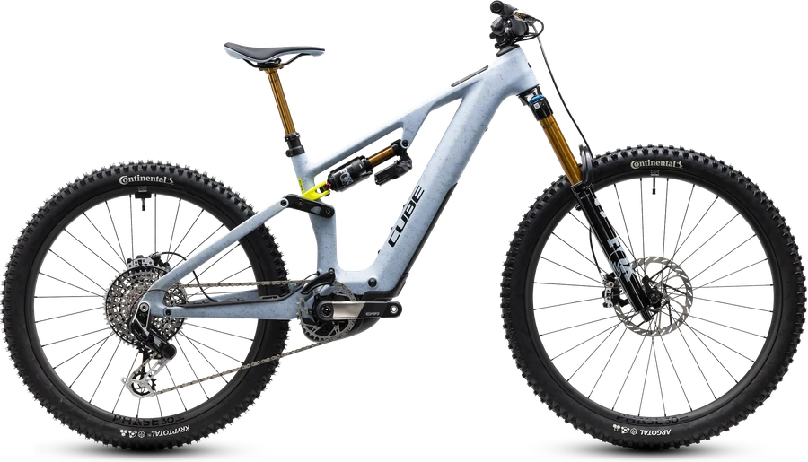CUBE AMS Hybrid 177 C:62 Super TM 2027 in artichoke´n´lime, freigestelltes E-Mountainbike in der Seitenansicht von rechts