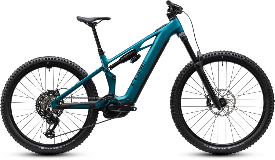 CUBE Stereo Hybrid ONE77 HPC Race 2027 in metallicpetrol´n´black, freigestelltes E-Mountainbike in der Seitenansicht von rechts