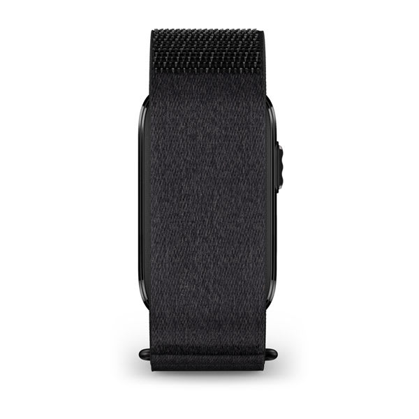 GARMIN CIRQA Smart Band schwarz von der Schmalseite, Nylonarmband mit umlaufendem Verschlussende