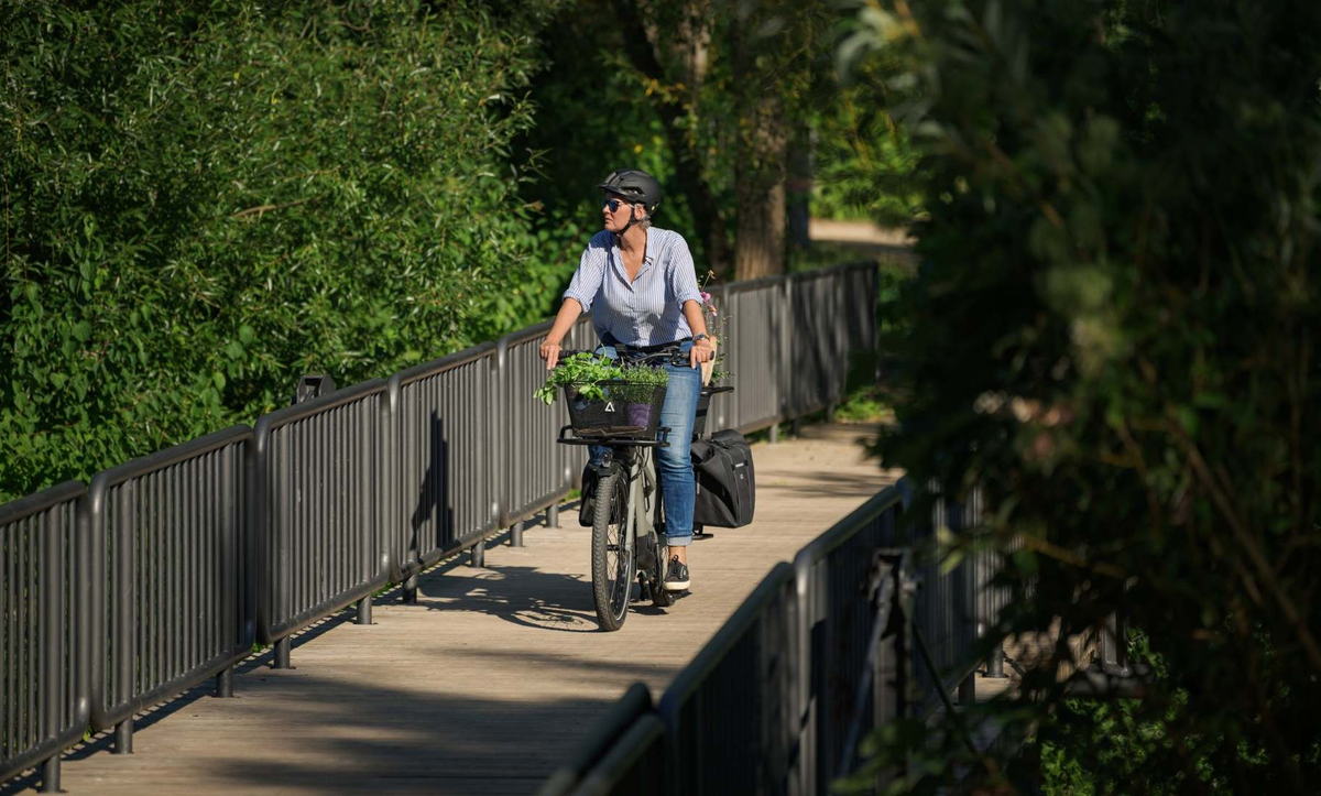 CUBE Longtail Hybrid 2027: Fahrt über eine Holzbrücke mit Pflanzen im Korb und Tasche am Heck