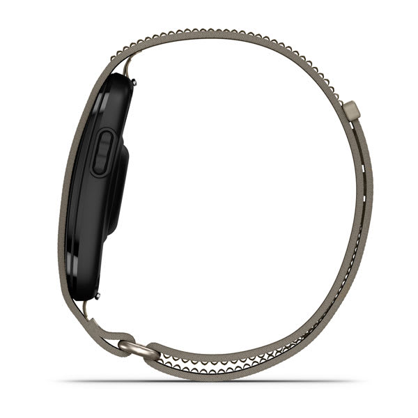 GARMIN CIRQA Smart Band French Gray im Seitenprofil mit der einzelnen Bedientaste am Sensormodul