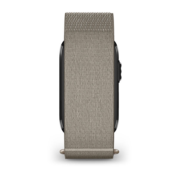 GARMIN CIRQA Smart Band French Gray von der Schmalseite, Nylonarmband mit umlaufendem Verschlussende