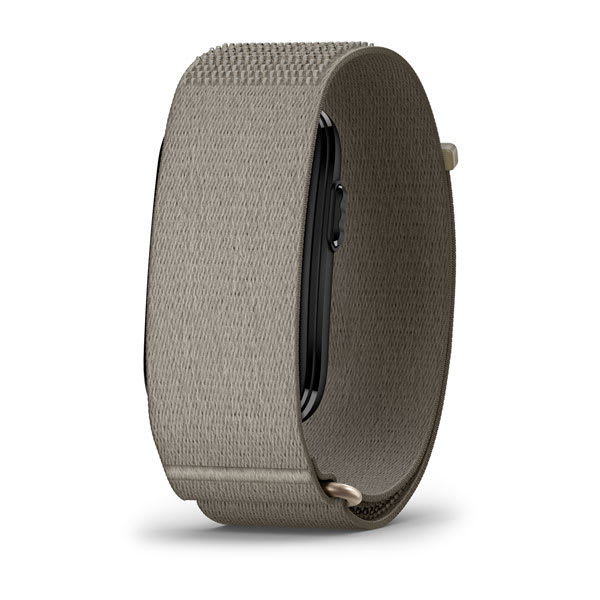 GARMIN CIRQA Smart Band L-XL in French Gray, sandgraues Nylonarmband mit schwarzem Sensormodul, Frontansicht